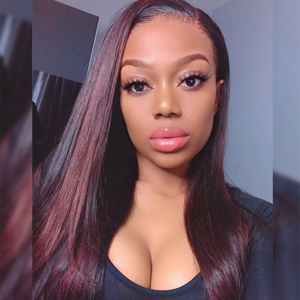 T Part Lace #1B/99J Highlight Straight Human Hair Lace Front Wig