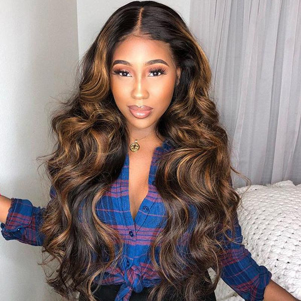 #1B/30 Highlight Body Wave T Part Lace Front Wig Balayage Blonde Human Hair Wigs