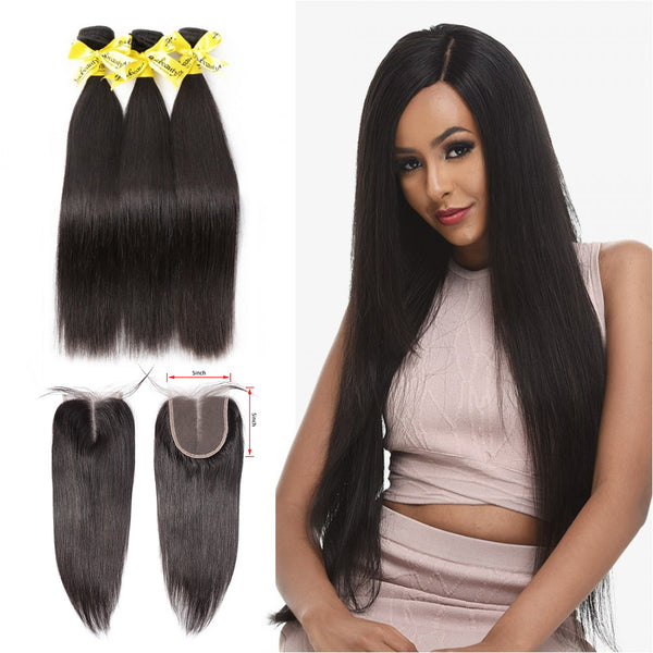 7A 3 Bundles Hair Weave Brazilian Hair With 5x5 Lace Closure Straight