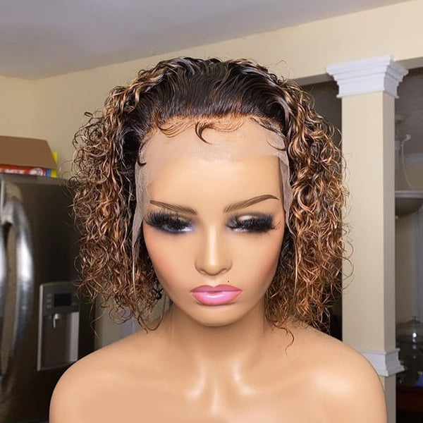 T Part Balayage Pixie Cut Curly Bob Wig Virgin Human Hair