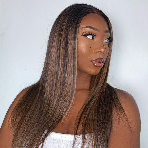 4x4 #1B/412 Highlight Straight Human Hair Lace Front Wig