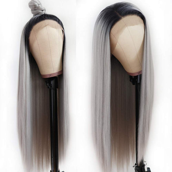 T Part Ombre Grey Virgin Hair Straight Lace Frontal Wig