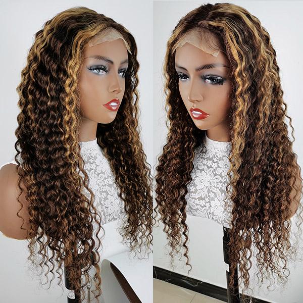 4x4 #4/27 Highlight Lace Front Wig Deep Wave Glueless Human Hair