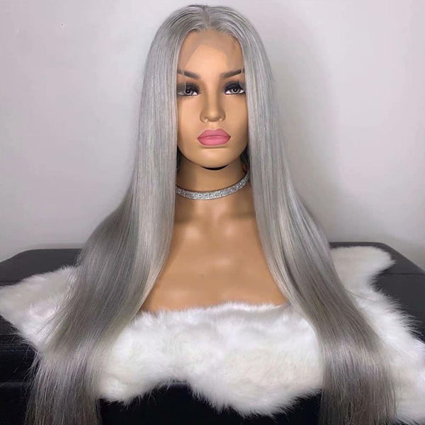 T Part Grey Virgin Hair Straight Lace Frontal Wig