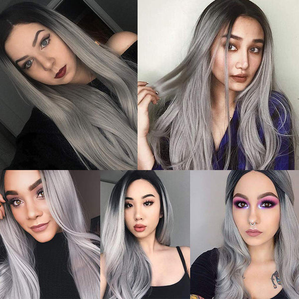 T Part Ombre Grey Virgin Hair Straight Lace Frontal Wig