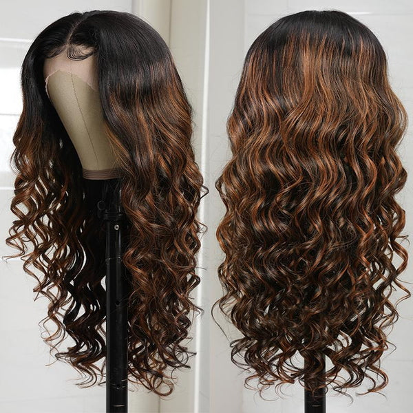 #1B/30 Highlight Body Wave T Part Lace Front Wig Balayage Blonde Human Hair Wigs