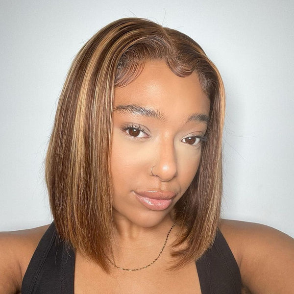 T Part #4/27 Straight Bob Lace Wig Ombre Glueless Human Hair Silky Blunt Cut
